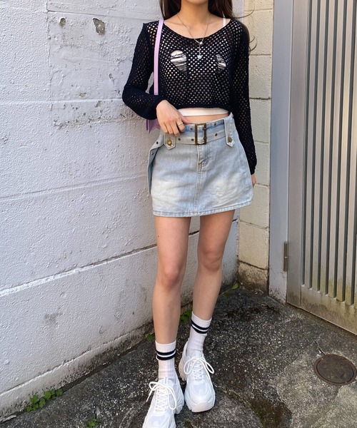 NANEA(ナネア)の「ダメージメッシュシアーニット七分袖(ニット/セーター・レディース・ナチュラル/アイボリー/ブラック/ベージュ・LARGE/SMALL/MEDIUM/フリー)」の5枚目の写真