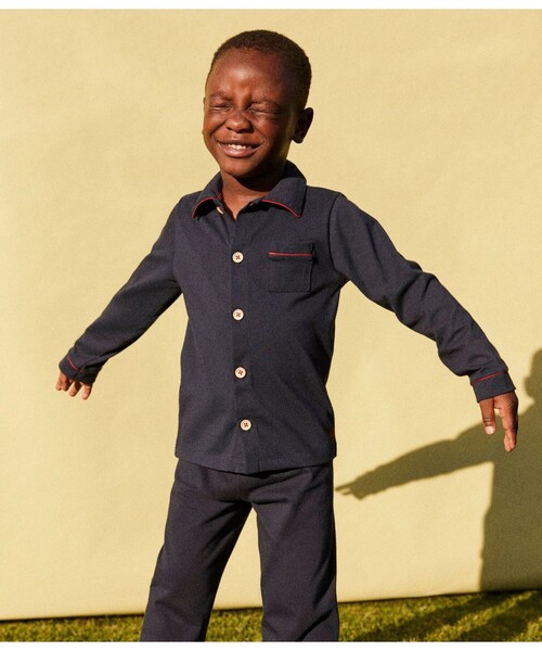 パジャマ マリニエール長袖パジャマ メンズ Moredde 肌側の微起毛が心地いい コットン１００％の前あきメンズパジャマ  〈アッシュブルー〉｜フェリシモMama[フェリシモママ]｜フェリシモ【公式通販】 [プチバトー] マリニエール 長袖 パジャマ メンズ A01FF01