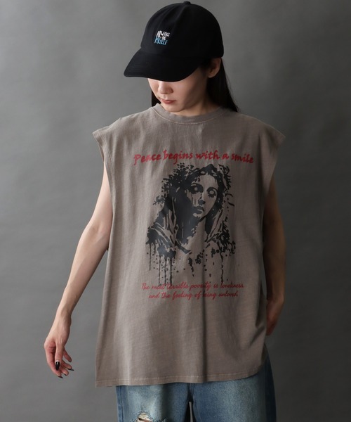 ヴィンテージライクノースリーブシャツ セール】ヴィンテージライク ノースリーブ プリントTシャツ【IR