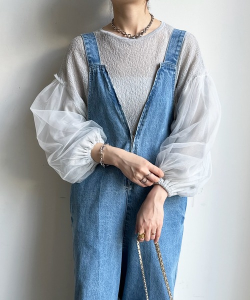 DouDou(ドゥドゥ)の「シアーニット袖チュールボリュームプルオーバー(ニット/セーター・レディース・ネイビー/オフホワイト/グレー・FREE)」の20枚目の写真