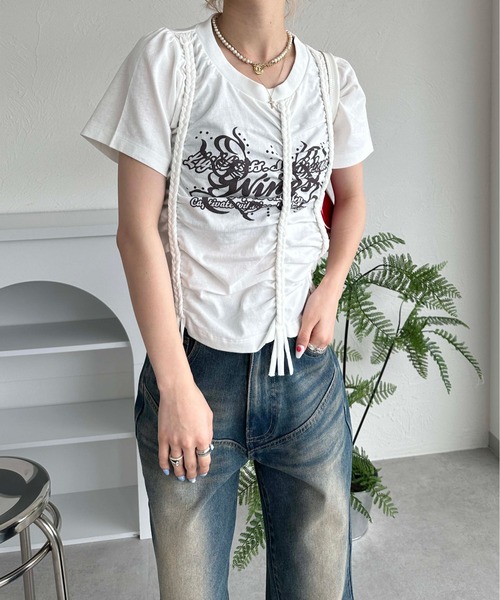 sedacle girl（セダクルガール）の「レースアップクロップドTシャツ（Tシャツ/カットソー・レディース・オフホワイト/チャコールグレー・FREE）」の8枚目の写真