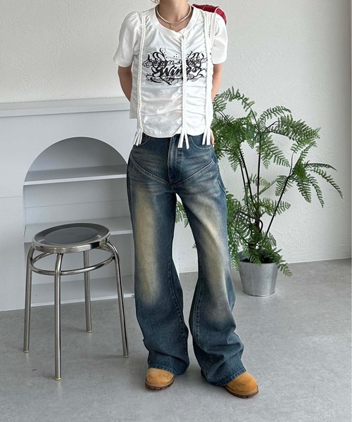 sedacle girl（セダクルガール）の「レースアップクロップドTシャツ（Tシャツ/カットソー・レディース・オフホワイト/チャコールグレー・FREE）」の11枚目の写真