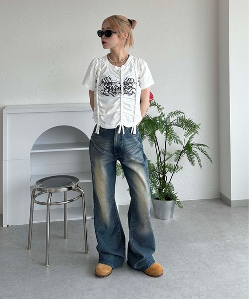 sedacle girl（セダクルガール）の「レースアップクロップドTシャツ（Tシャツ/カットソー・レディース・オフホワイト/チャコールグレー・FREE）」の12枚目の写真