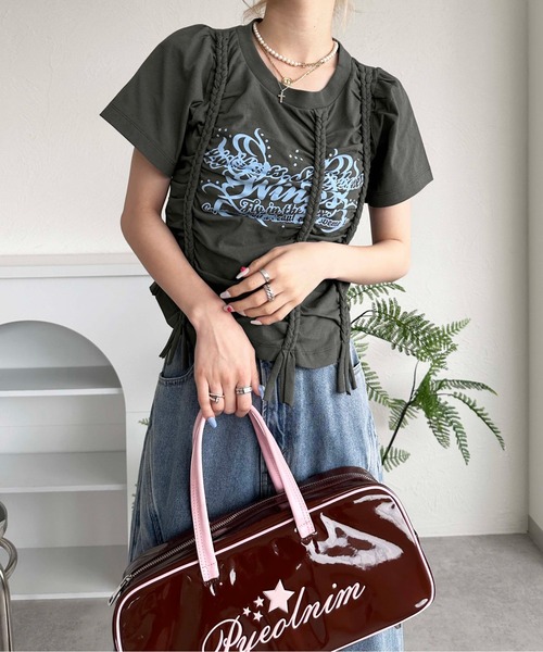 sedacle girl（セダクルガール）の「レースアップクロップドTシャツ（Tシャツ/カットソー・レディース・オフホワイト/チャコールグレー・FREE）」の3枚目の写真
