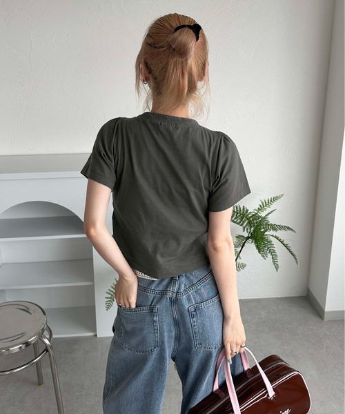 sedacle girl（セダクルガール）の「レースアップクロップドTシャツ（Tシャツ/カットソー・レディース・オフホワイト/チャコールグレー・FREE）」の4枚目の写真