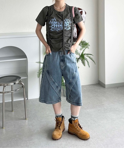 sedacle girl（セダクルガール）の「レースアップクロップドTシャツ（Tシャツ/カットソー・レディース・オフホワイト/チャコールグレー・FREE）」の5枚目の写真