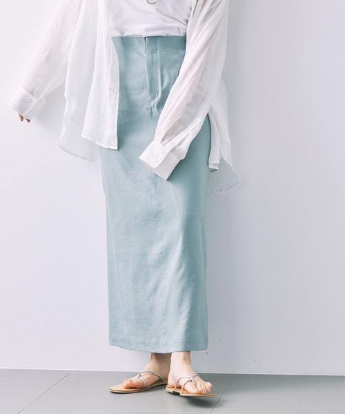 BABYLONE(バビロン)の「リネンストレッチスカート(スカート・レディース・ライトグリーン/チャコール・38inch/36inch)」の2枚目の写真