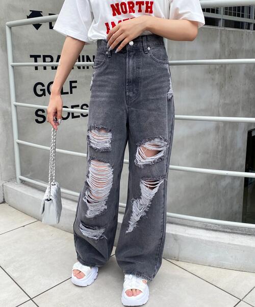 サイドライン ダメージ クラッシュ ワイド ワークデニム パンツ セール】クラッシュ ダメージ デニムパンツ ブラックデニム