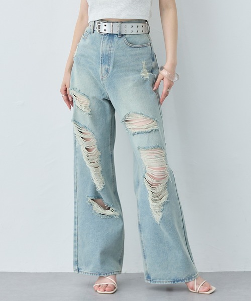 INGNI（イング）の「クラッシュデニムワイドパンツ（デニムパンツ・レディース・ライトグレー/ブルー系その他3・S/M）」の2枚目の写真