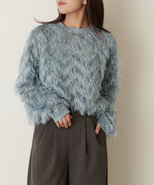 Lui's(ルイス)の「カットジャガードモケモケトップス(Tシャツ/カットソー・レディース・アイボリー/ブラック/サックスブルー/ベージュ・FREE)」の4枚目の写真