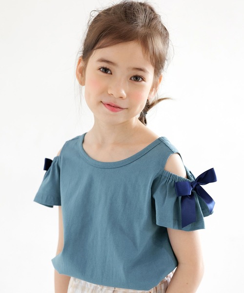 Bee des Bee(ビーデスビー)の「肩リボンオフショルトップス(Tシャツ/カットソー・キッズ・グレー/ミント/パープル系/チャコール/ブルー系/ローズ・110cm/100cm/120cm/140cm/150cm/130cm)」の16枚目の写真