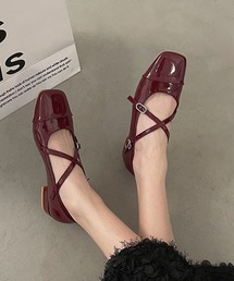 スクエアトゥ クロスストラップ バレエ パンプス シューズ