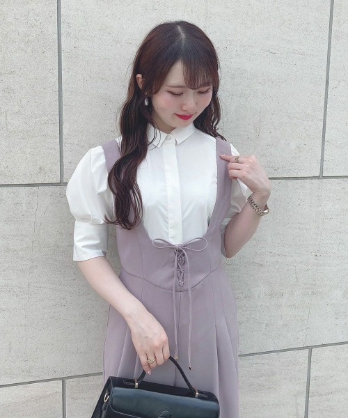 an another angelus（アンアナザーアンジェラス）の「チュールリボンタイ5分袖シャツ/ananotherangelus（シャツ/ブラウス・レディース・オフホワイト/ホワイト×グレー・FREE）」の6枚目の写真