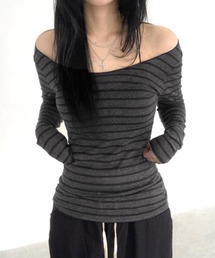 【 MEMECLE / メメクル 】レトロストライプ  オフショルダーフィット Tシャツ