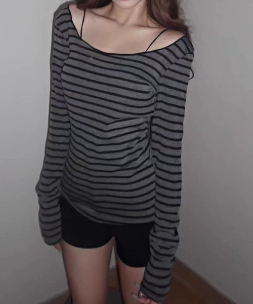 MEMECLE(メメクル)の「【 MEMECLE / メメクル 】レトロストライプ オフショルダーフィット Tシャツ(Tシャツ/カットソー・レディース・ダークグレー/グレー/ブルー・S/M)」の20枚目の写真