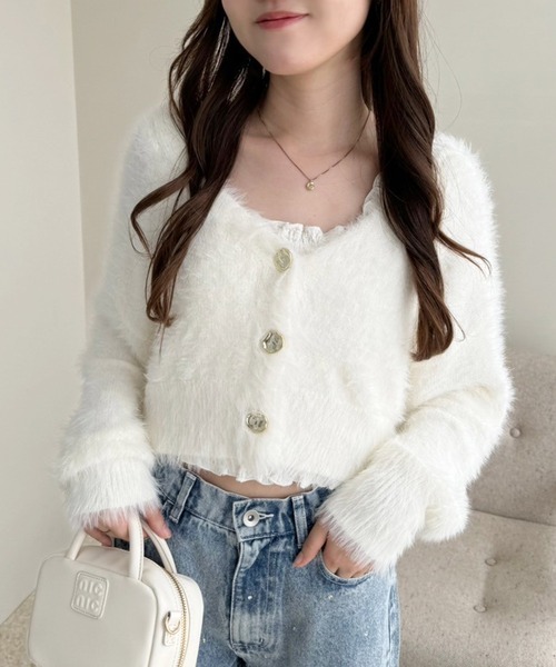 セール】ゴールドボタンフェザーショートカーディガン（カーディガン