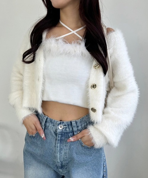 one after another NICE CLAUP（ワンアフターアナザーナイスクラップ）の「ゴールドボタンフェザーショートカーディガン（カーディガン/ボレロ・レディース・アイボリー/ライトピンク/ブラウン/モカ/サックスブルー・FREE）」の18枚目の写真