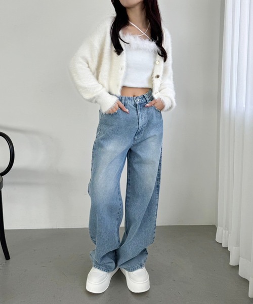 one after another NICE CLAUP（ワンアフターアナザーナイスクラップ）の「ゴールドボタンフェザーショートカーディガン（カーディガン/ボレロ・レディース・アイボリー/ライトピンク/ブラウン/モカ/サックスブルー・FREE）」の17枚目の写真