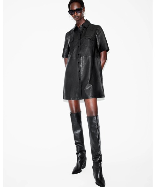 ALLSAINTS（オールセインツ）の「ROCK LEATHER MINI DRESS | ロック レザー ミニ ドレス・ワンピース（シャツワンピース・レディース・ブラック・8/6/4/10）」の2枚目の写真