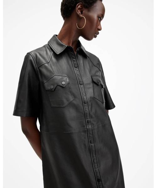 ALLSAINTS（オールセインツ）の「ROCK LEATHER MINI DRESS | ロック レザー ミニ ドレス・ワンピース（シャツワンピース・レディース・ブラック・8/6/4/10）」の3枚目の写真