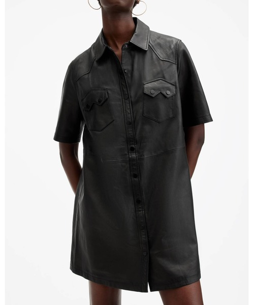 ALLSAINTS（オールセインツ）の「ROCK LEATHER MINI DRESS | ロック レザー ミニ ドレス・ワンピース（シャツワンピース・レディース・ブラック・8/6/4/10）」の5枚目の写真