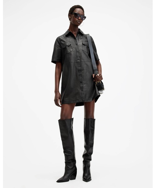 ALLSAINTS（オールセインツ）の「ROCK LEATHER MINI DRESS | ロック レザー ミニ ドレス・ワンピース（シャツワンピース・レディース・ブラック・8/6/4/10）」の6枚目の写真