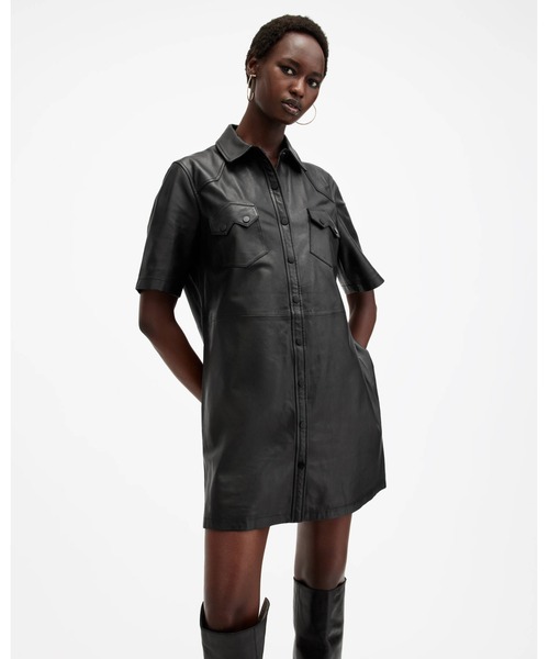 ALLSAINTS（オールセインツ）の「ROCK LEATHER MINI DRESS | ロック レザー ミニ ドレス・ワンピース（シャツワンピース・レディース・ブラック・8/6/4/10）」の13枚目の写真