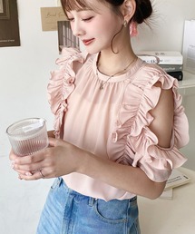 フリルブラウス ピンク Fit more ブラウス シャツ 袖フリルサイドギャザーフレア