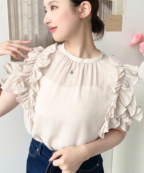 moment+(モーメントプラス)の「シフォンジョーゼット半袖バックリボン袖フリルブラウス(シャツ/ブラウス・レディース・ライトベージュ/ブラック/ピンク/オフホワイト/サックスブルー・M)」の11枚目の写真