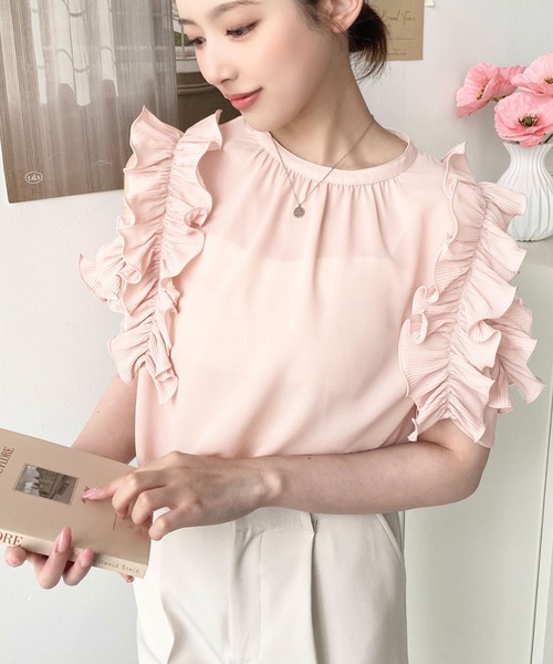 新品タグ付 日本未入荷 シフォンジョーゼット フリルブラウス M ブラック シフォンジョーゼット&チュールダブルフリル半袖ブラウス