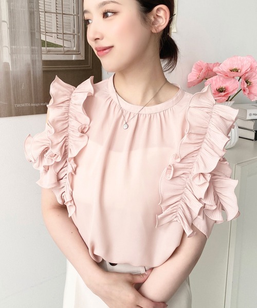 セール】シフォンジョーゼット半袖バックリボン袖フリルブラウス