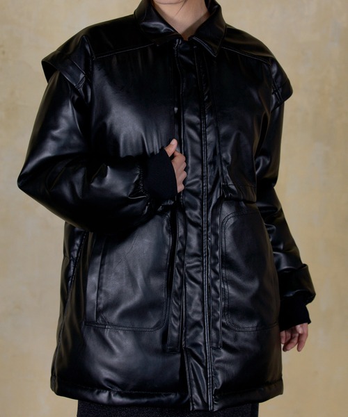 LAYERED IMITATION LEATHER PAD JACKET / レイヤードイミテーションレザーパッドジャケット（その他アウター）｜THINGS THAT MATTER（シングス ザット マター）