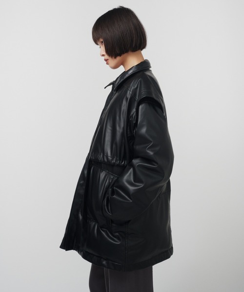 ティノラス★フェイクレイヤードライナー付きレザージャケット★ TA5501 セール】フェイクレザーオーバーブルゾン（ライダースジャケット