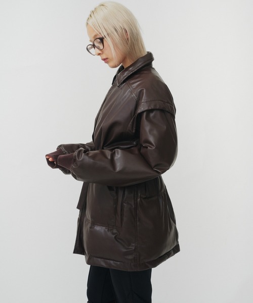 THINGS THAT MATTER(シングス ザット マター)の「LAYERED IMITATION LEATHER PAD JACKET / レイヤードイミテーションレザーパッドジャケット(その他アウター・レディース・ブラック/ブラウン・FREE)」の11枚目の写真