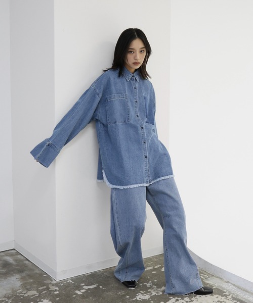 ブラウス シャツ 「MINERTE」crush denim big cuffs shirt / クラッシュデニムビッグカフスシャツ レディース セール】【MINERTE】crush denim big cuffs shirt / クラッシュ