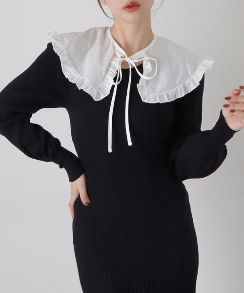 Lace Ladies(レースレディース)の「フリル カラー付き リブ ニット マーメイド ロング ワンピース(ワンピース・レディース・ブラック/ベージュ・FREE)」の1枚目の写真
