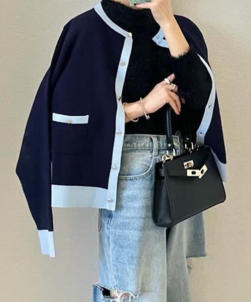 aquagarage（アクアガレージ）の「バイカラーカーディガン（カーディガン/ボレロ・レディース・ネイビー/ベージュ/ブラック・M/L）」の3枚目の写真