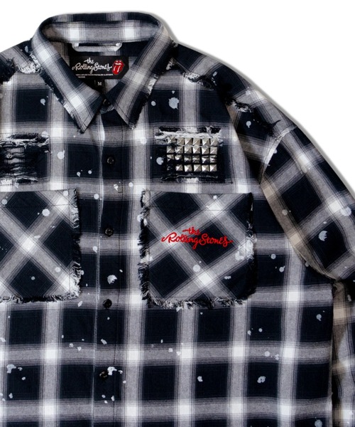 JACKROSE(ジャックローズ)の「B-TRS-ダメージスタッズ・グランジ-LSシャツ(シャツ/ブラウス・メンズ・ブラック/レッド・L/M)」の1枚目の写真