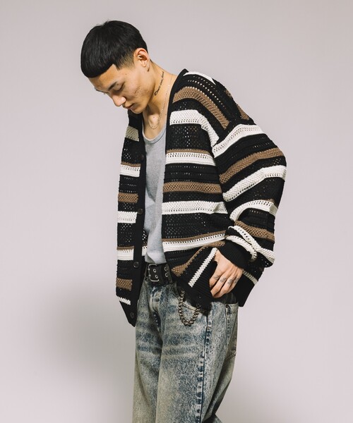 セール】シアー ボーダー 透かし編み ニットカーディガン
