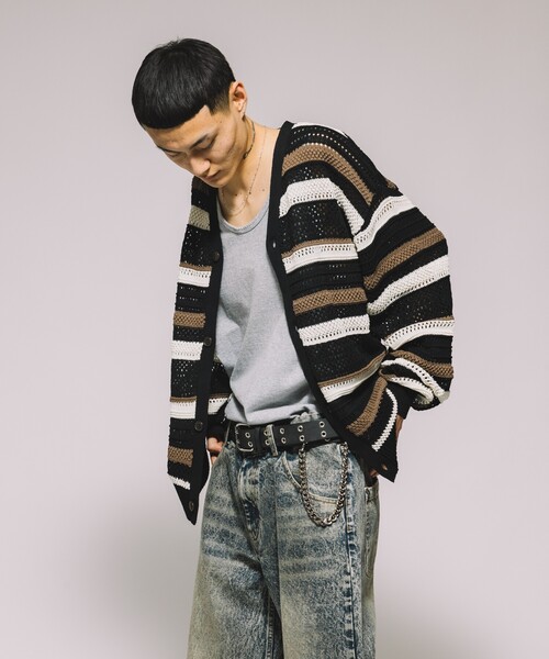 セール】シアー ボーダー 透かし編み ニットカーディガン