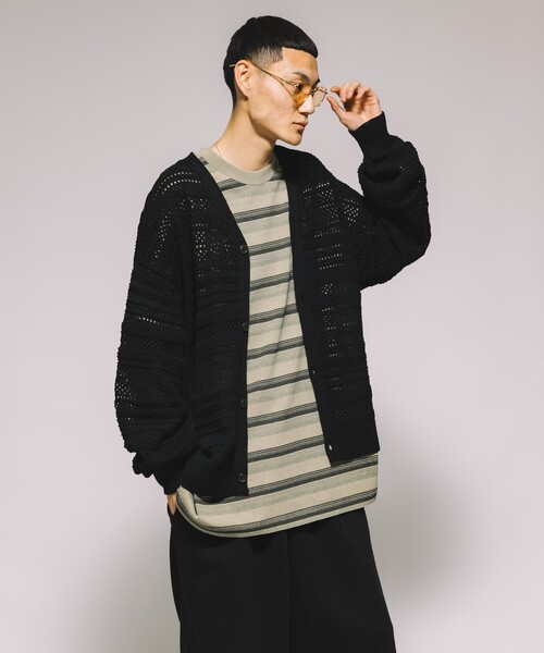 セール】シアー ボーダー 透かし編み ニットカーディガン
