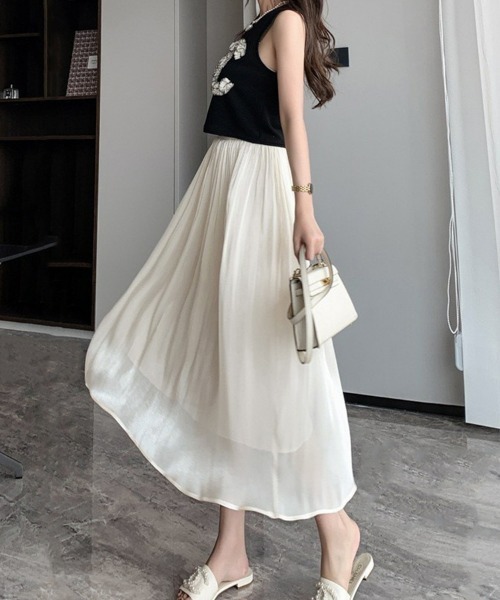 SEU（エスイーユー）の「シャイニープリーツスカート ふんわりシフォンスカート ロング オフィスカジュアル きれいめカジュアル（スカート・レディース・グリーン/ブラック/ホワイト/パープル/ベージュ/アイボリー/ブラウン・フリー）」の2枚目の写真