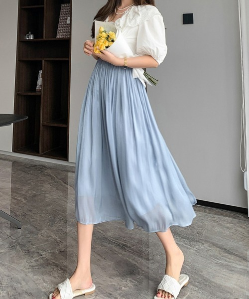 SEU（エスイーユー）の「シャイニープリーツスカート ふんわりシフォンスカート ロング オフィスカジュアル きれいめカジュアル（スカート・レディース・グリーン/ブラック/ホワイト/パープル/ベージュ/アイボリー/ブラウン・フリー）」の18枚目の写真