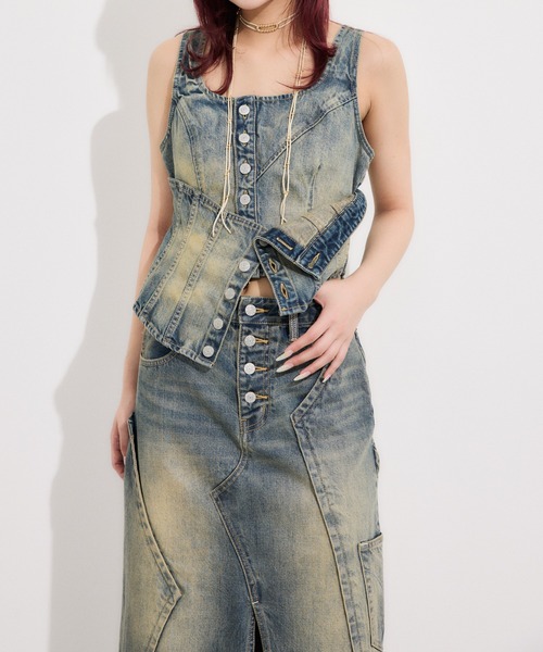 SLY（スライ）の「【限定展開】LAYERED CORSET DENIM BUSTIER-C レイヤード コルセット デニム ビスチェ シー（キャミソール・レディース・ブルー・FREE）」の2枚目の写真
