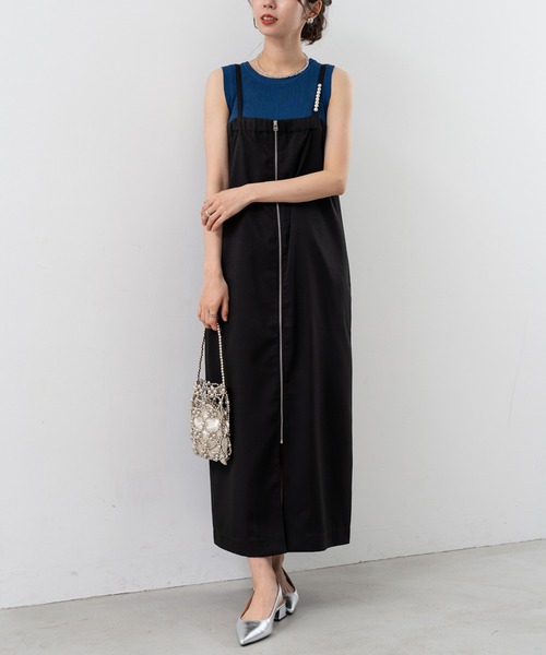 ANNA LUNA(アンナルナ)の「【ANNA LUNA】 シンプル に華やぐ パール付き ジップ キャミワンピース(ワンピース・レディース・ブラック/ベージュ・LARGE/MEDIUM)」の3枚目の写真