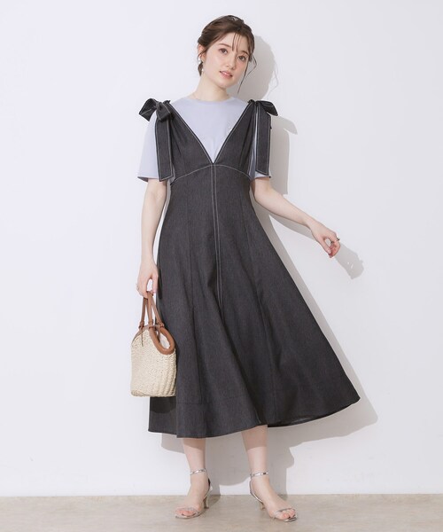 セール】デニムライク肩リボンワンピース（ワンピース）｜couture