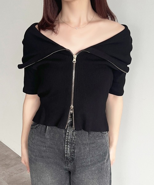 セール】ダブルジップオフショルトップス（ニット/セーター）｜apres