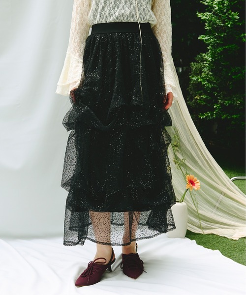 スカート willfully random tiered tulle & pongeeSK Willfully Random Tiered Tulle and Pongee Skirt Full skirt
