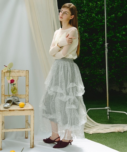 スカート willfully random tiered tulle & pongeeSK willfully random tiered tulle &pongee SK