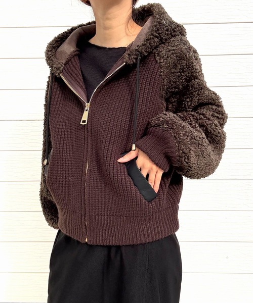 Q(キュー)の「ボアニット切替アウター(その他アウター・レディース・ブラウン/ベージュ・MEDIUM)」の1枚目の写真